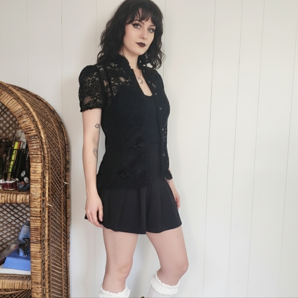Y2K Whimsigoth Black Sheer Lace Top Blouse Shirt Vintage Size Small Goth Grunge - Picture 2 of 13